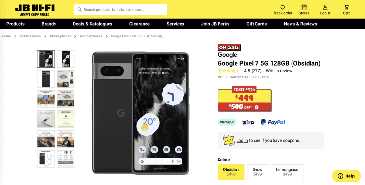 JB Hi-Fi: Google Pixel 7 5G 128GB (Obsidian) – Was $299, now $149